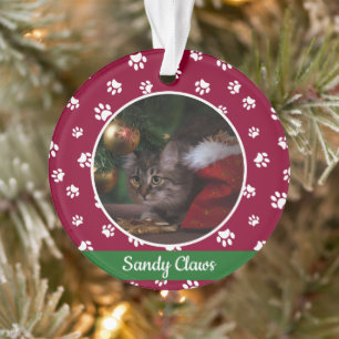 Cute kat foto naam jaar rode en witte pootafdrukke ornament