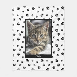 Cute Kat Foto Naam Zwarte Pootafdrukken Patroon Fleece Deken