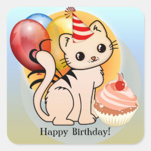 Cute Kat Happy Birthday-stickers Vierkante Sticker