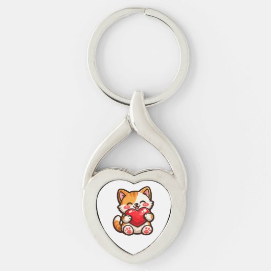 Cute Kat Hart Sleutelhanger – Kawaii Kat met Rode (Voorkant)