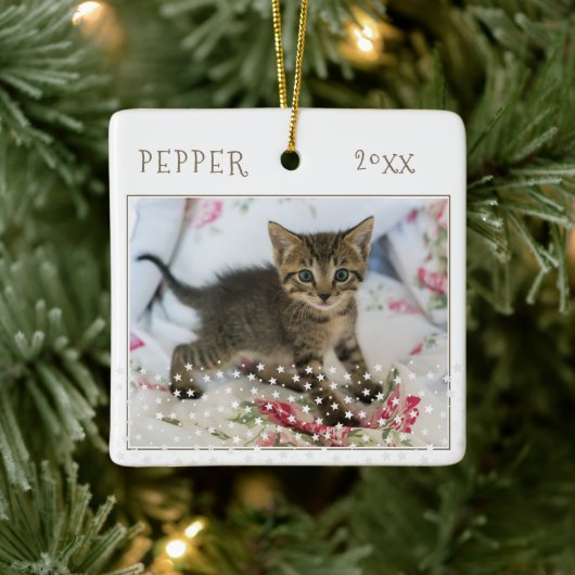 Cute Kat Huisdier 2 Foto's Ster Patroon Kerstmis Keramisch Ornament (Boom)