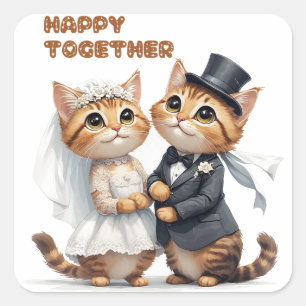 Cute Kat Huwelijkskoppel Met Boeket Huwelijksgesch Vierkante Sticker
