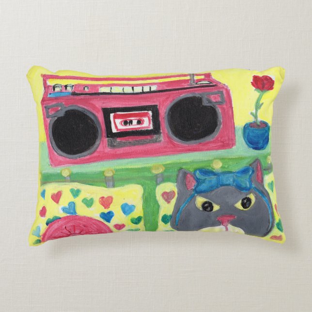 Cute Kat in Bedroom Folk Art Fun Painting Accent Kussen (Voorkant)