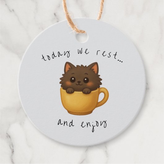Cute Kat in Beker Cadeau Labels | Favor Doos Label (Voorkant)