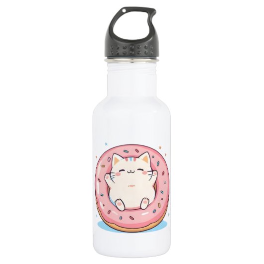 Cute Kat in Donut Kawaii Zoete Ontwerp Waterfles (Voorkant)
