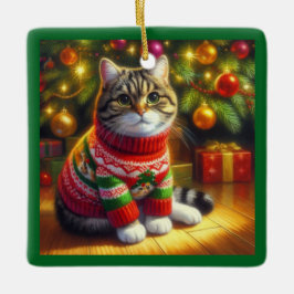 Cute kat in een kersttrui keramisch ornament