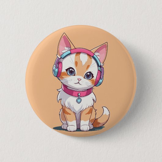 Cute Kat in Headphone Chic Ronde Button 5,7 Cm (Voorkant)