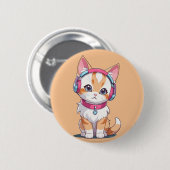 Cute Kat in Headphone Chic Ronde Button 5,7 Cm (Voorkant /achterkant)