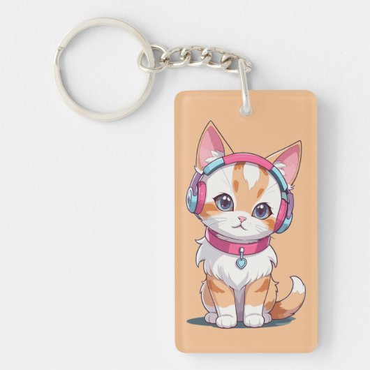 Cute Kat in Hoofdtelefoon Chic Sleutelhanger (Voorkant)