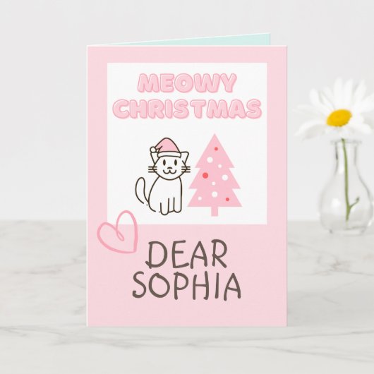 Cute Kat in Kerstman Hoed&Bomen Meowy Kerstmis Pas Kaart (Kleine Plant)