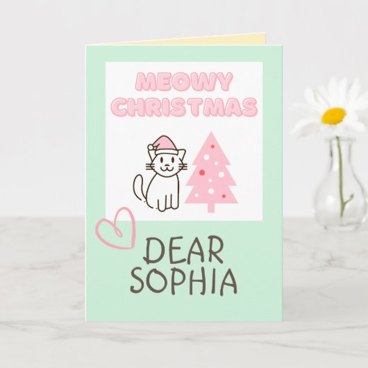 Cute Kat in Kerstman Hoed&Boom Meowy Kerstmis Past Kaart (Kleine Plant)