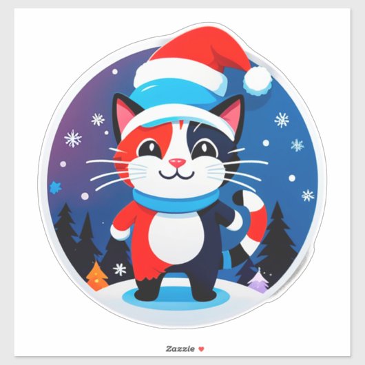 Cute Kat in Kerstmuts Sticker (Vel)