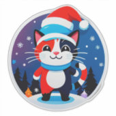 Cute Kat in Kerstmuts Sticker (Voorkant)