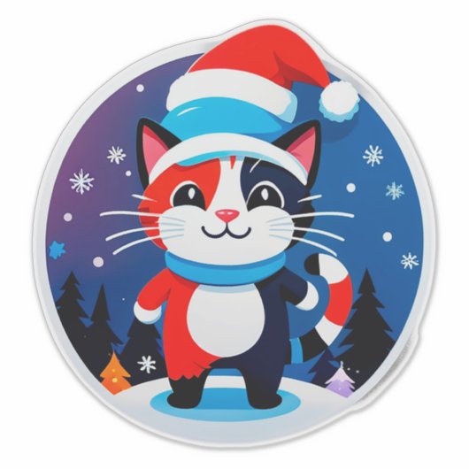 Cute Kat in Kerstmuts Sticker (Voorkant)