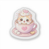 Cute Kat in Koffiekop Kawaii Sticker (Voorkant)