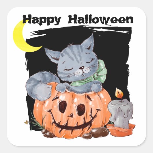Cute Kat Jack o' Lantern Kinder Halloween Vierkante Sticker (Voorkant)