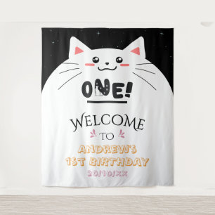 Cute Kat Kader Fonkelende Sterren 1e Verjaardag Wandkleed