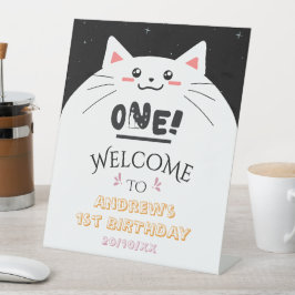 Cute Kat Kader Glitterende Ster 1e Verjaardag Welk Reclamebord Met Voetstuk
