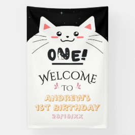 Cute Kat Kader Glitterende Ster 1e Verjaardag Welk Spandoek