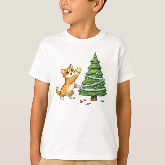 Cute Kat Kerstboom Kinderen T-Shirt (Voorkant)