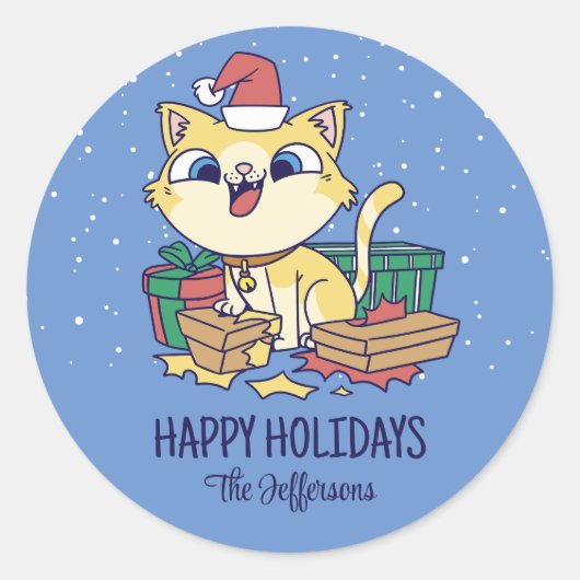 Cute Kat Kerstmis Snowy Winter Holiday Ronde Sticker (Voorkant)