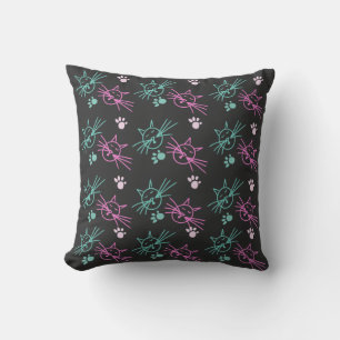 Cute Kat Krabbels Roze Teal Huisdier Zwart   Kussen