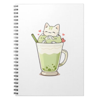Cute Kat Matcha Boba Drank Kawaii Ontwerp Notitieboek