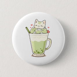 Cute Kat Matcha Boba Drank Kawaii Ontwerp Ronde Button 5,7 Cm