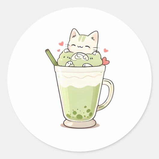 Cute Kat Matcha Boba Drank Kawaii Ontwerp Ronde Sticker (Voorkant)