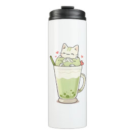 Cute Kat Matcha Boba Drank Kawaii Ontwerp Thermosbeker