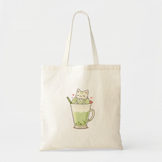 Cute Kat Matcha Boba Drank Kawaii Ontwerp Tote Bag (Voorkant)