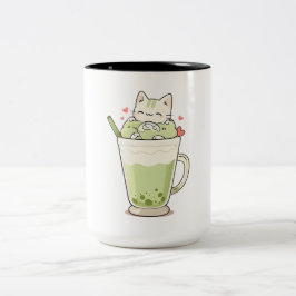Cute Kat Matcha Boba Drank Kawaii Ontwerp Tweekleurige Koffiemok