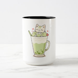 Cute Kat Matcha Boba Drank Kawaii Ontwerp Tweekleurige Koffiemok