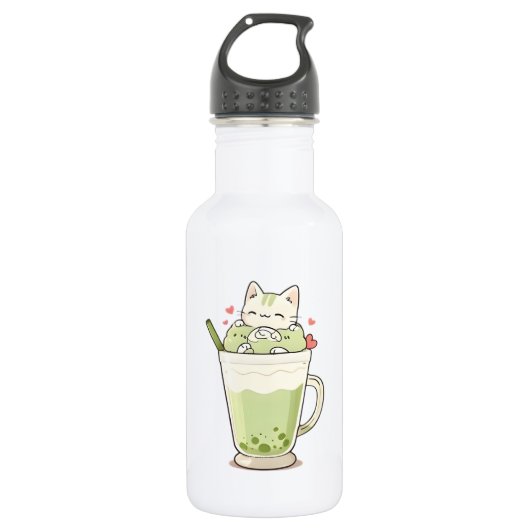 Cute Kat Matcha Boba Drank Kawaii Ontwerp Waterfles (Voorkant)