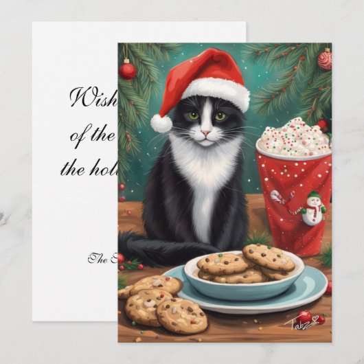 Cute Kat met Koekjes en Kerstman Hoed Feestdagenkaart (Voorkant / Achterkant)