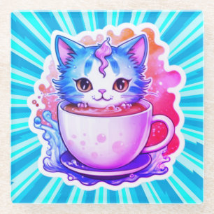 Cute Kat Met Koffiekopje Cartoon Ontwerp-94678 Glazen Onderzetter