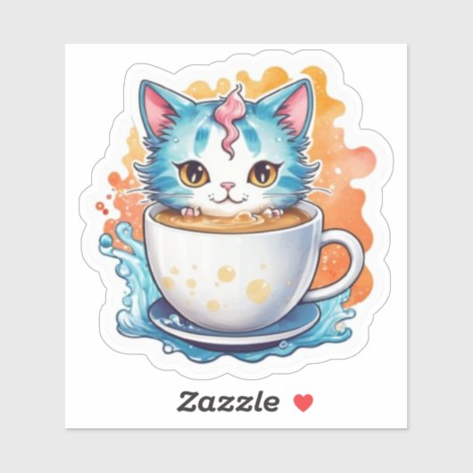 Cute Kat Met Koffiekopje Cartoon Ontwerp-94678 Sticker (Vel)