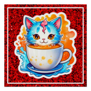 Cute Kat Met Koffiemok Cartoon Ontwerp-94678 Perfect Poster
