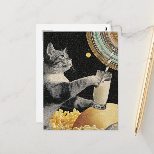 Cute Kat Met Melk in de Ruimte Briefkaart (Voorkant / Achterkant in situ)
