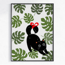 Cute Kat Met Strik Monstera Bladeren Poster