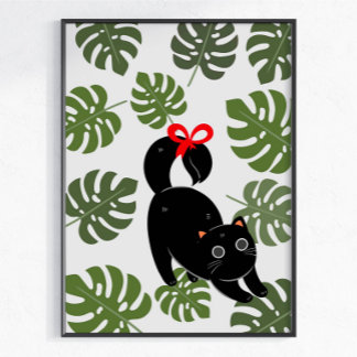 Cute Kat Met Strik Monstera Bladeren Poster
