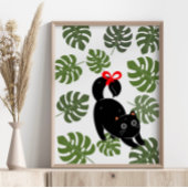 Cute Kat Met Strik Monstera Bladeren Poster