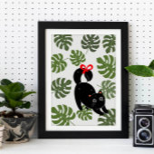 Cute Kat Met Strik Monstera Bladeren Poster