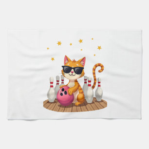 Cute Kat Met Zonnebril Kat Bowling Spelen Voor m Theedoek