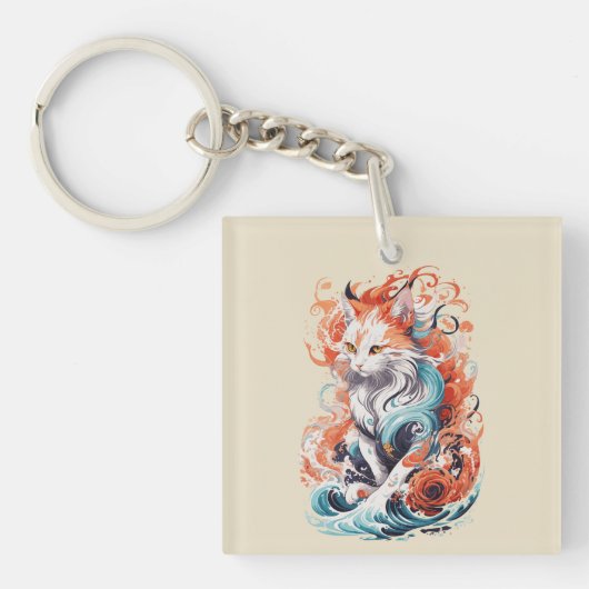 Cute kat ontwerp in neo-traditionele stijl sleutelhanger (Voorkant)