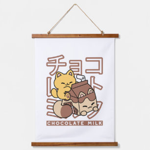 Cute Kat op Chocolademelk Karton Kawaii Kunst Hangend Wandkleed