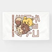 Cute Kat op Chocolademelk Karton Kawaii Kunst Spandoek (Horizontaal)