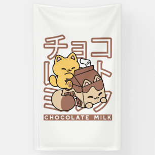 Cute Kat op Chocolademelk Karton Kawaii Kunst Spandoek