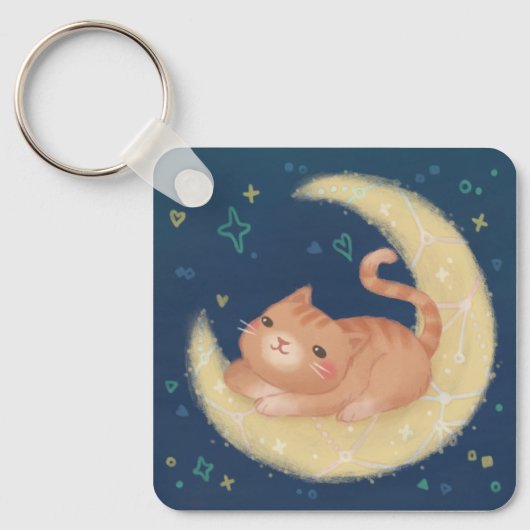 Cute Kat op de Maan Sleutelhanger (Voorkant)