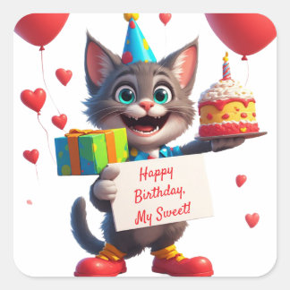 Cute Kat Party Met Cadeau En Harten ❤️ Vierkante Sticker